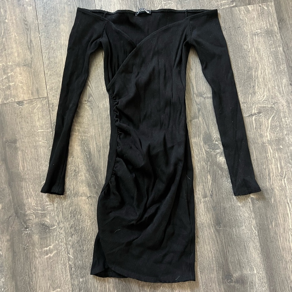 Fashion Nova Black Ribbed Off-Shoulder Bodycon Dress